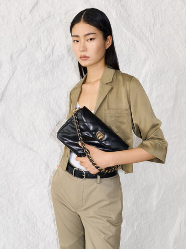 กระเป๋าสะพายไหล่ลายเส้นดีไซน์ที่ปิดด้านหน้ารุ่น Fawn, สีดำ, hi-res