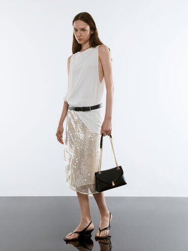 กระเป๋าสะพายไหล่พร้อมสายโซ่ดีเทลเมทัลลิครุ่น Lilibet, สีดำ, hi-res