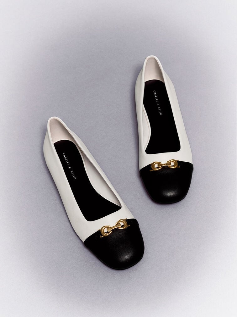 Metallic Accent Two-Tone Ballerinas, White, hi-res