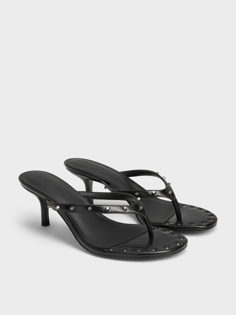 รองเท้าแตะหนีบส้นสูงประดับหมุดรุ่น Briella, สีดำ, hi-res