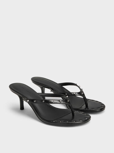 รองเท้าแตะหนีบส้นสูงประดับหมุดรุ่น Briella, สีดำ, hi-res