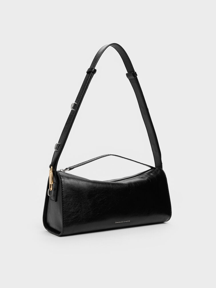 กระเป๋าสะพายไหล่ทรงยาวรุ่น Delfina, สีดำอะไหล่สีเงิน, hi-res