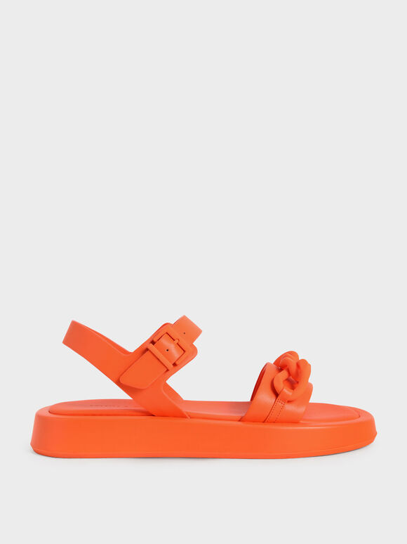 Chunky Chain-Link Ankle-Strap Padded Sandals, Orange, hi-res