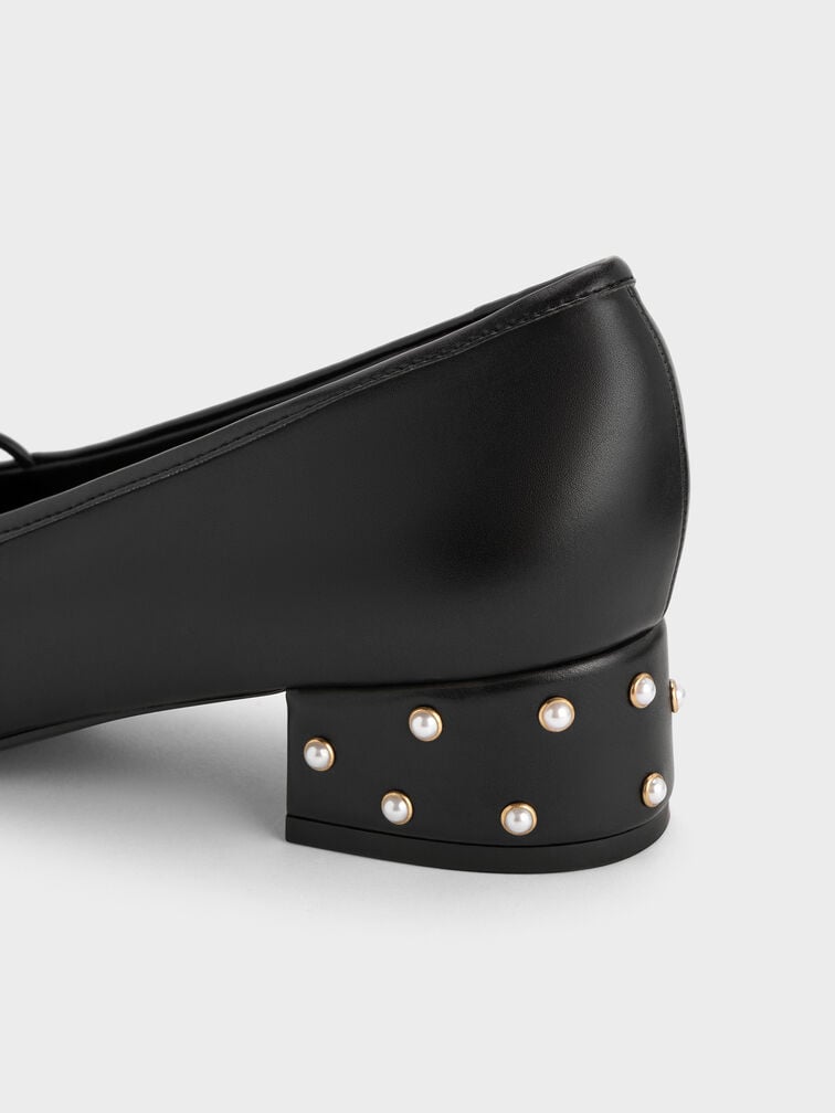 รองเท้าปิดส้นทรงบัลเล่ต์ตกแต่งโบว์ประดับมุกรุ่น Barbara, สีดำ, hi-res