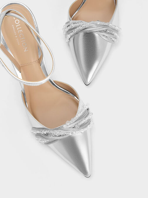 Leda Beaded Leather Ankle-Strap Pumps, Silver, hi-res