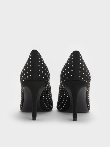 Faux Suede Studded Pointed-Toe Pumps, Black Textured, hi-res