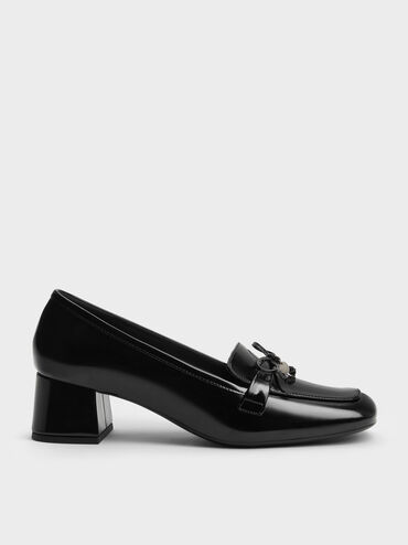 Circle-Charm Bow Loafer Pumps, Black Boxed, hi-res