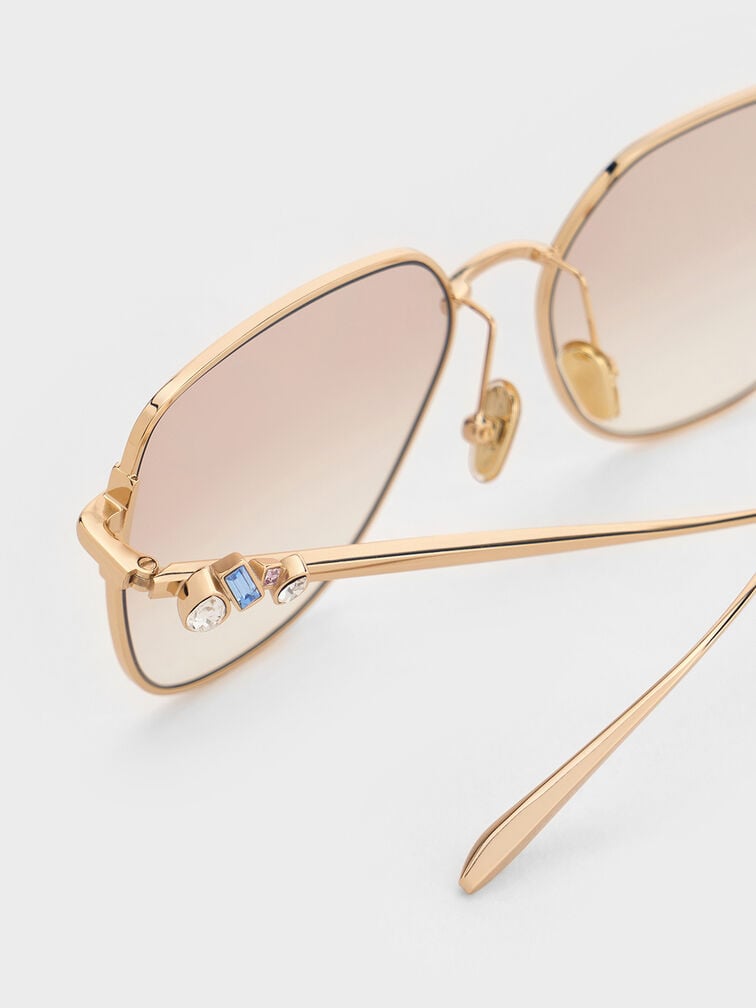 Crystal-Embellished Metal-Rim Butterfly Sunglasses, Light Gold, hi-res