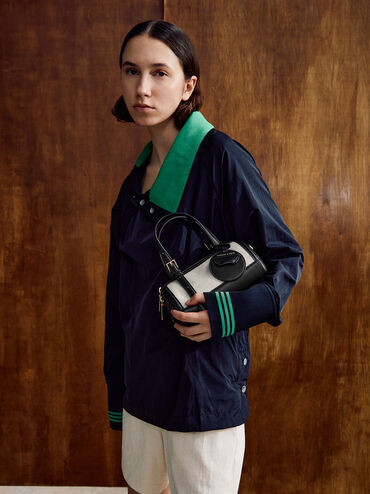 กระเป๋าโบว์ลิ่งผ้าแคนวาสสีทูโทนรุ่น Enola, สีดำ, hi-res