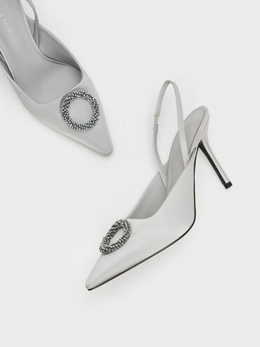Recycled Polyester Beaded Circle Slingback Pumps, สีเงิน, hi-res
