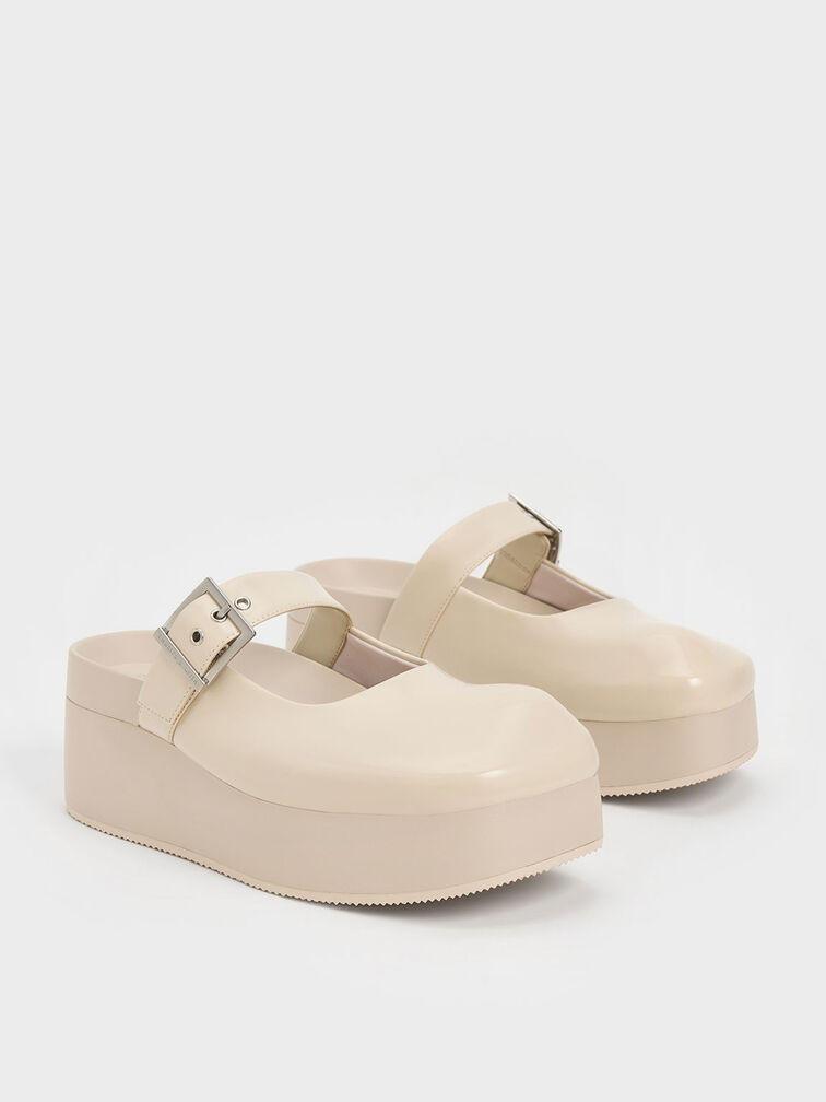 Buckle-Strap Flatform Mules, สีชอล์ค, hi-res
