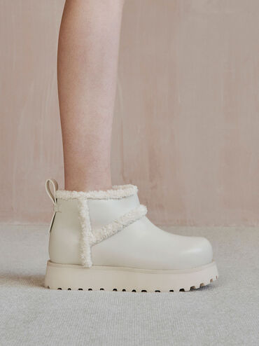 Fur-Trim Flatform Ankle Boots, สีชอล์ค, hi-res