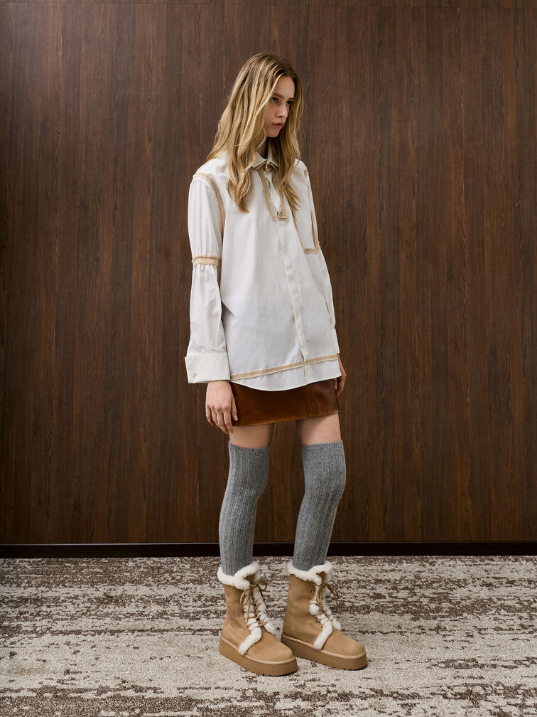 Faux Suede & Faux Fur Foldover Flatform Boots, Sand, hi-res