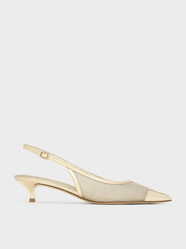 Mesh Metallic Cap-Toe Kitten-Heel Pumps, Gold, hi-res