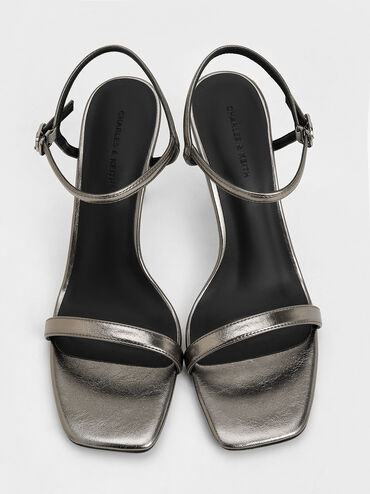 Metallic Sculptural-Heel Ankle-Strap Sandals, Pewter, hi-res