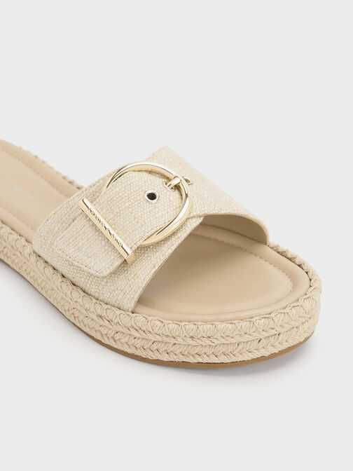 Linen Buckled Espadrille Flat Sandals, สีเบจ, hi-res