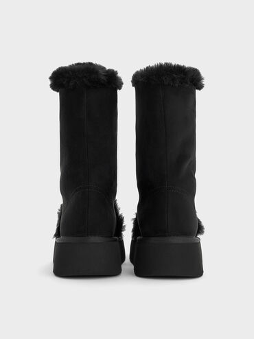 Faux Suede & Faux Fur Foldover Flatform Boots, Black Textured, hi-res