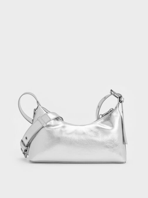 Atwood Crinkle-Effect Chain-Embellished Hobo Bag, Silver, hi-res
