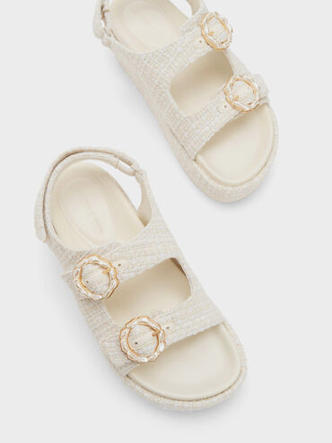 Tweed Pearl-Buckle Double Strap Sandals, สีชอล์ค, hi-res