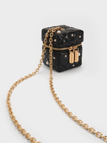 กระเป๋าเพาช์ขนาดไมโครดีไซน์ลายควิลท์ประดับมุกพร้อมสายโซ่รุ่น Janie, สีดำ, hi-res