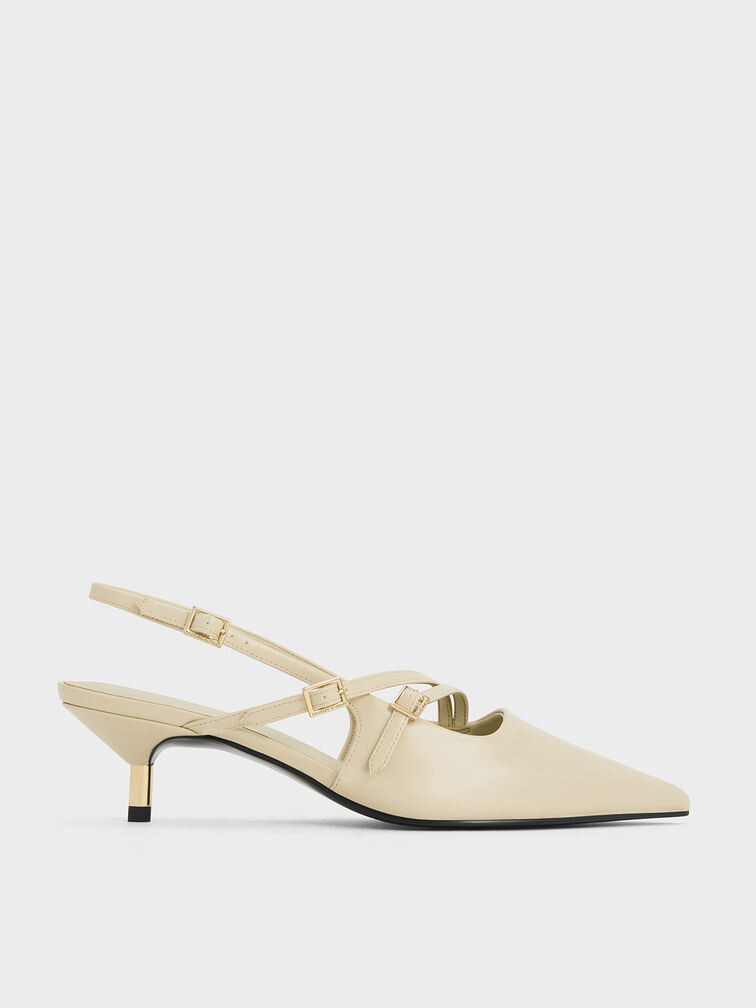 Buckle-Strap Kitten Heel Slingback Pumps, สีชอล์ค, hi-res