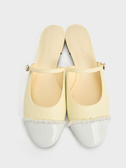 Pearl-Embellished Cap-Toe Flat Mules, Butter, hi-res