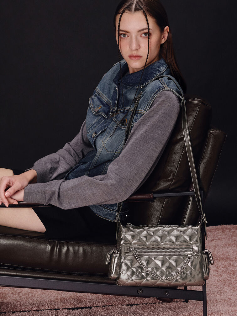 Duo Metallic Quilted Shoulder Bag, Pewter, hi-res