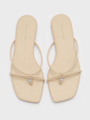 Metallic-Charm Strappy Thong Sandals, Beige, hi-res