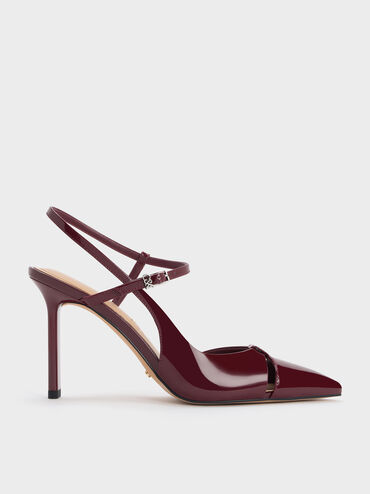 Patent Leather Cut-Out Pointed-Toe Blade-Heel Pumps, Burgundy, hi-res