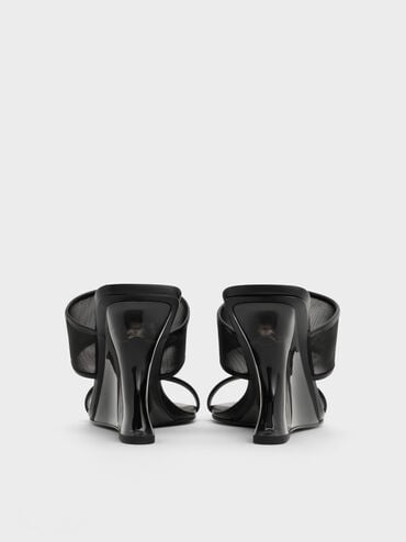 Mesh Sculptural-Heel Wedges, Black Textured, hi-res