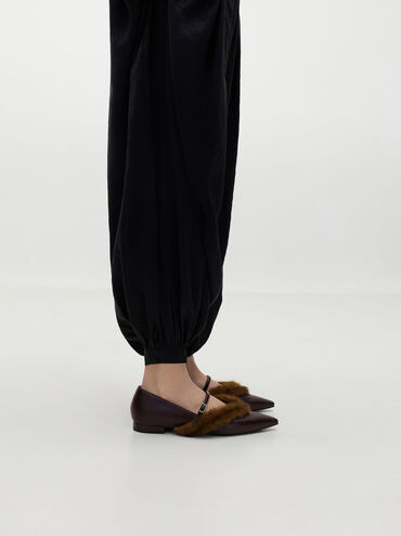 Emila Faux Suede Fur-Trim Pointed Mary Janes, Dark Brown, hi-res