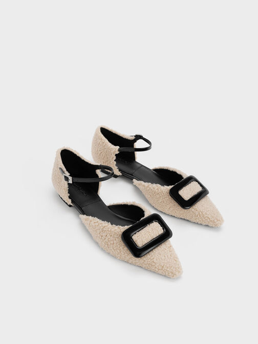 Rosalie Leather Furry D'Orsay Flats, สีเบจ, hi-res