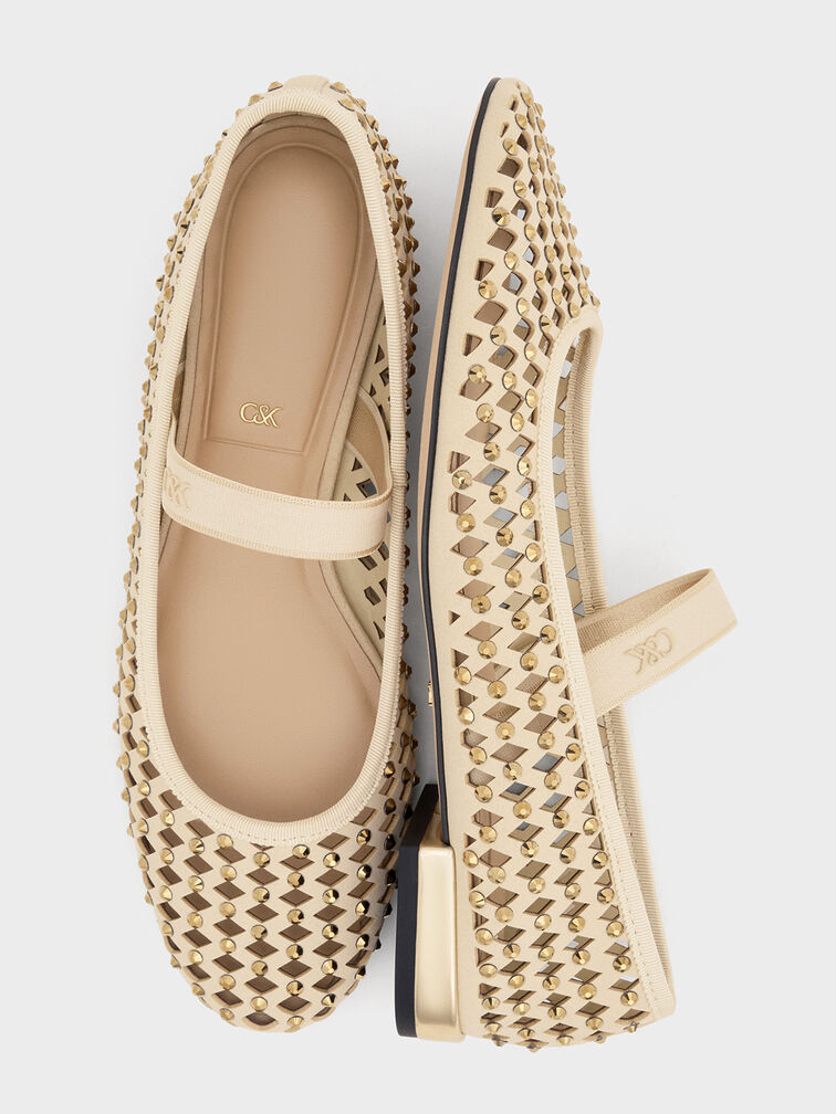 Studded Cut-Out Mary Jane Flats, Cream, hi-res