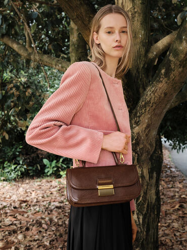 กระเป๋าถือทรงยาวพร้อมหูจับรุ่น Charlot, สีดาร์คบราวน์, hi-res