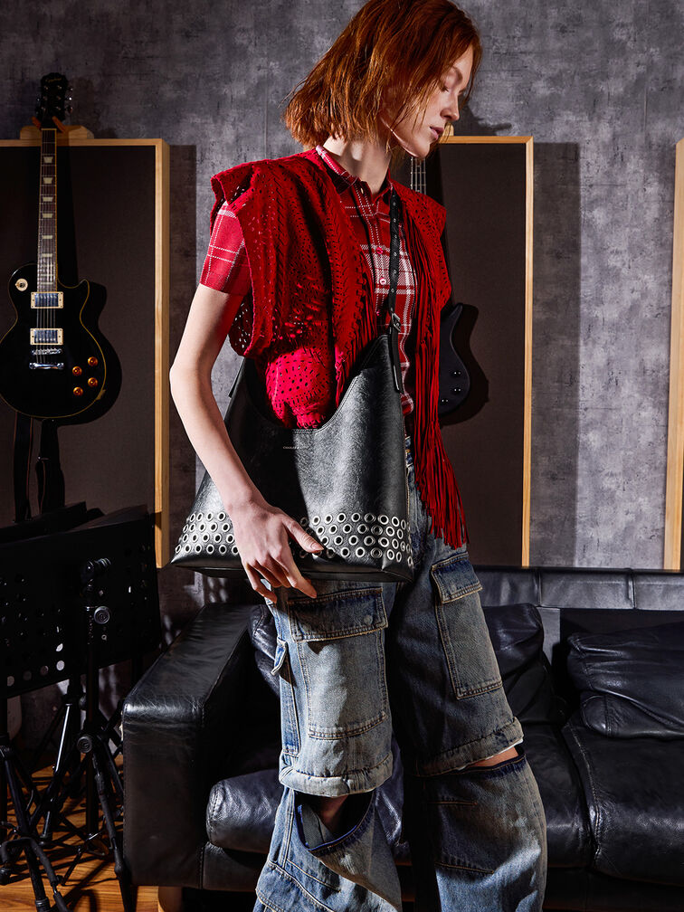 Liv Grommet Hobo Bag, Noir, hi-res