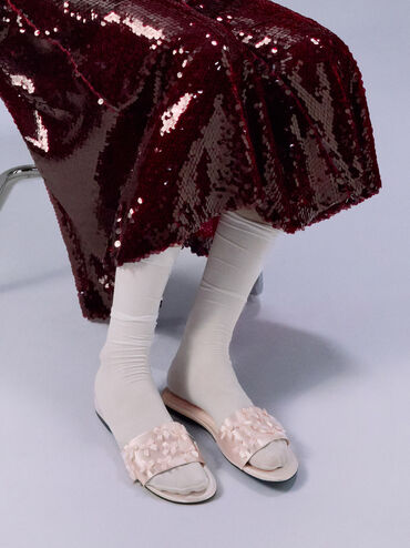 Satin Bow Slide Sandals, Blush, hi-res