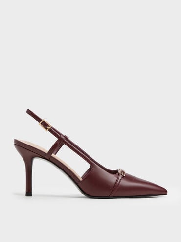Metallic-Bar Pointed Slingback Pumps, Burgundy, hi-res