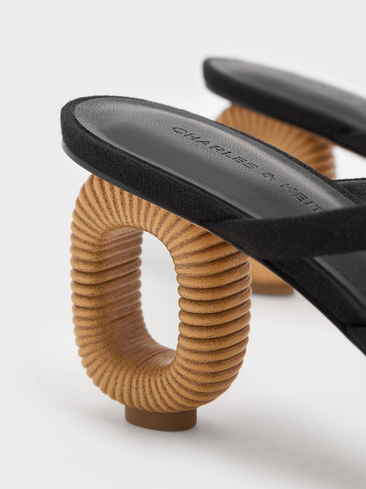 Linen Sculptural-Heel Strappy Mules, Black Textured, hi-res