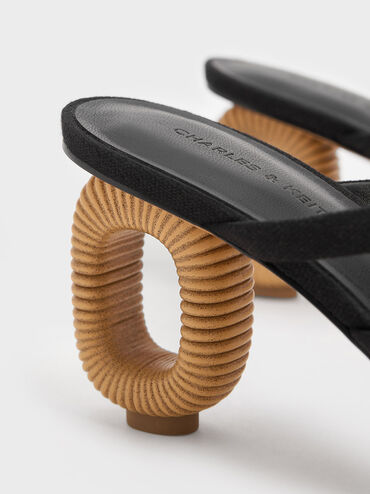 Linen Sculptural-Heel Strappy Mules, Black Textured, hi-res