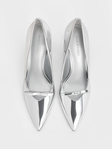 Metallic Bow Pointed-Toe Stiletto-Heel Pumps, Silver, hi-res
