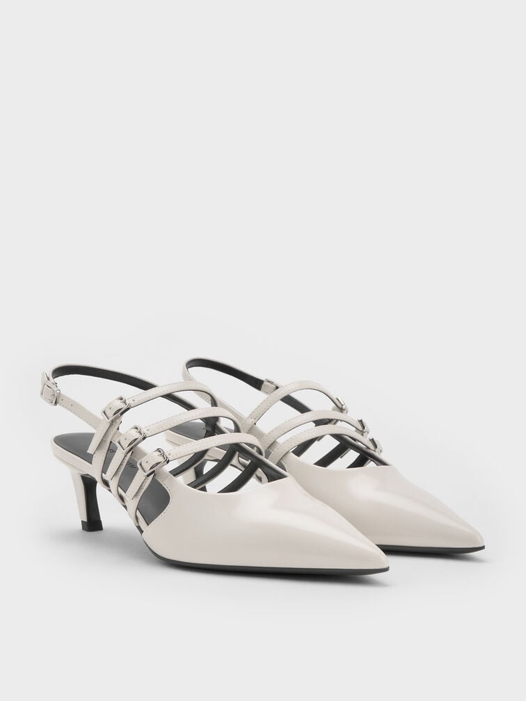 Triple-Strap Pointed-Toe Kitten-Heel Slingback Pumps, Chalk, hi-res