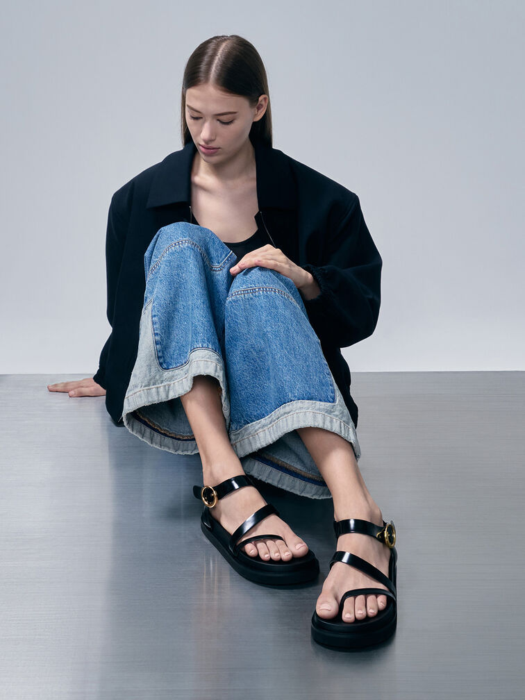 Buckled Ankle-Strap Strappy Sandals, Black Boxed, hi-res
