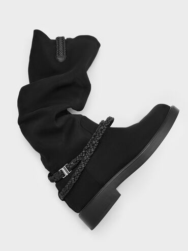 Franca Faux Suede Braided-Strap Knee-High Boots, Black Textured, hi-res
