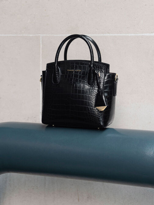Croc-Effect Trapeze Tote Bag, , hi-res