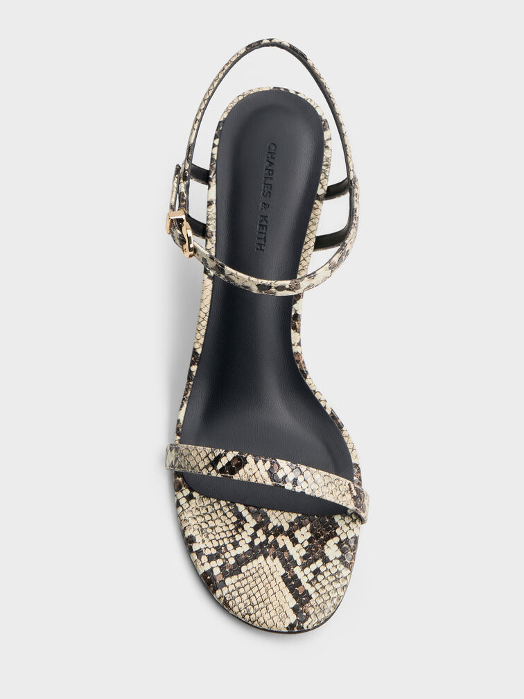 Snake-Print Ankle-Strap Heeled Sandals, Animal Print Natural, hi-res
