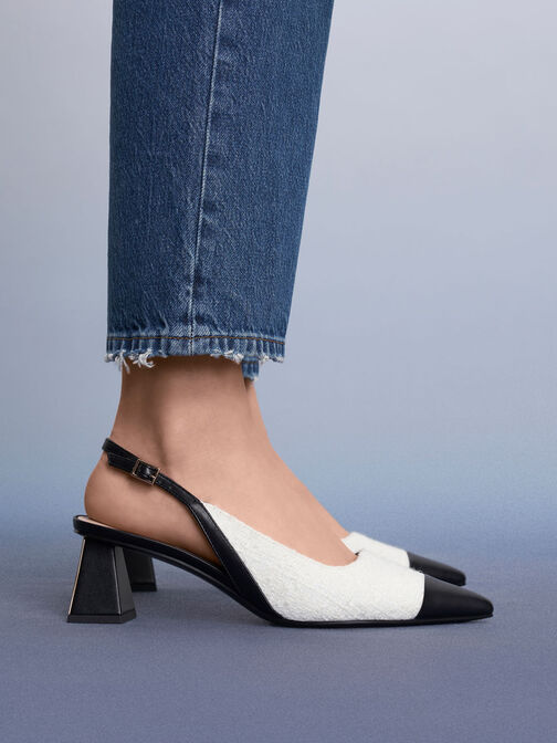 Tweed Toe Cap Slingback Pumps, , hi-res