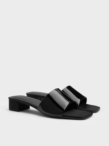 Patent Wide-Strap Heeled Mules, Black Patent, hi-res