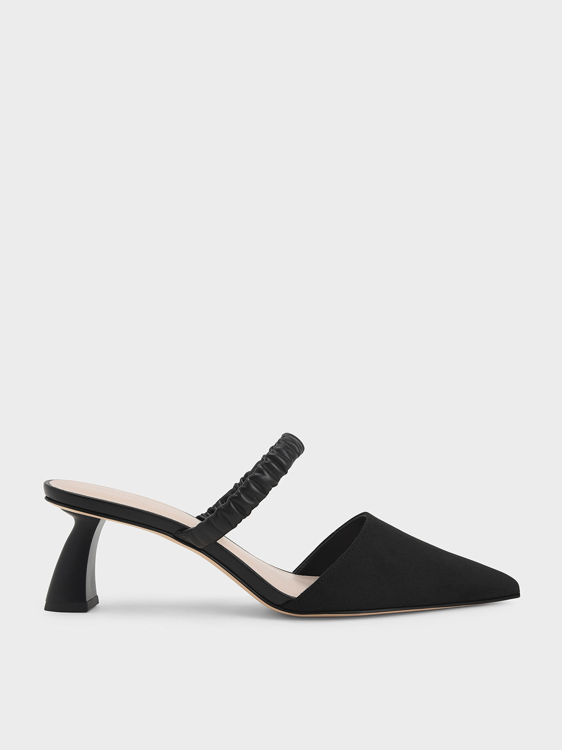 Ruched Strap Textured Mules, Black, hi-res