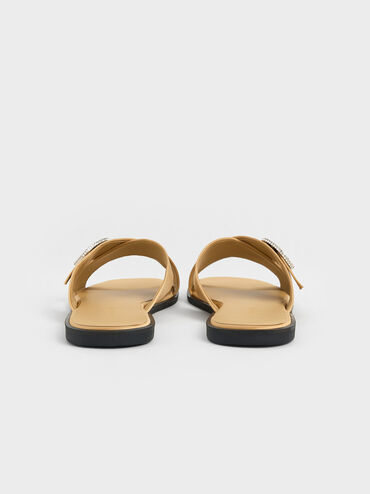 Recycled Polyester Crystal-Buckle Crossover-Strap Sandals, Champagne, hi-res