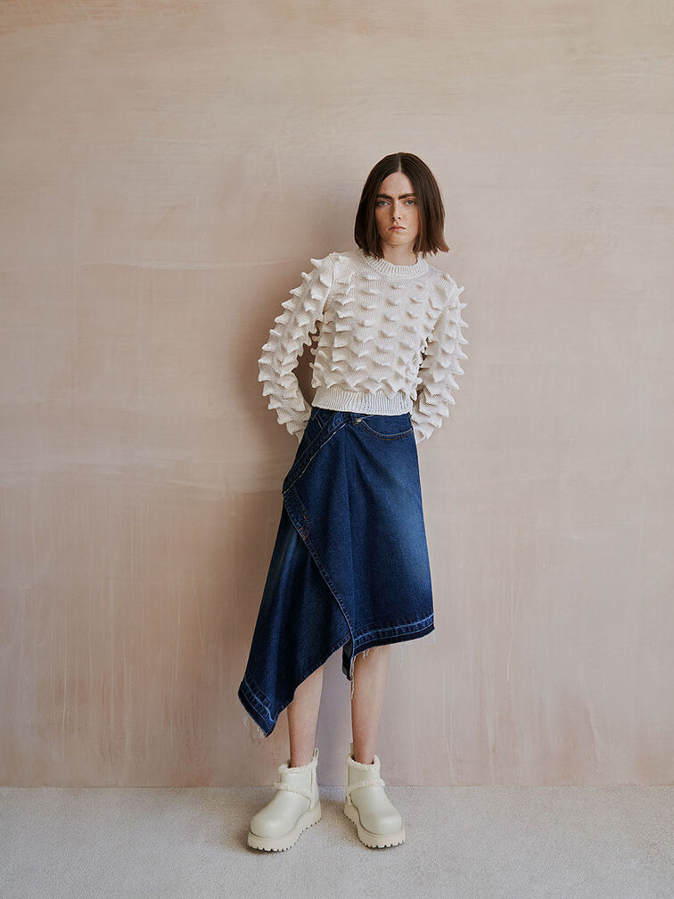 Fur-Trim Flatform Ankle Boots, สีชอล์ค, hi-res